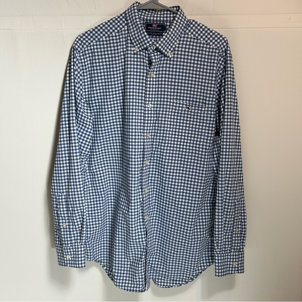 Vineyard Vines Men's Long Sleeve Slim Fit Tucker Blue and White Checkered Shirt